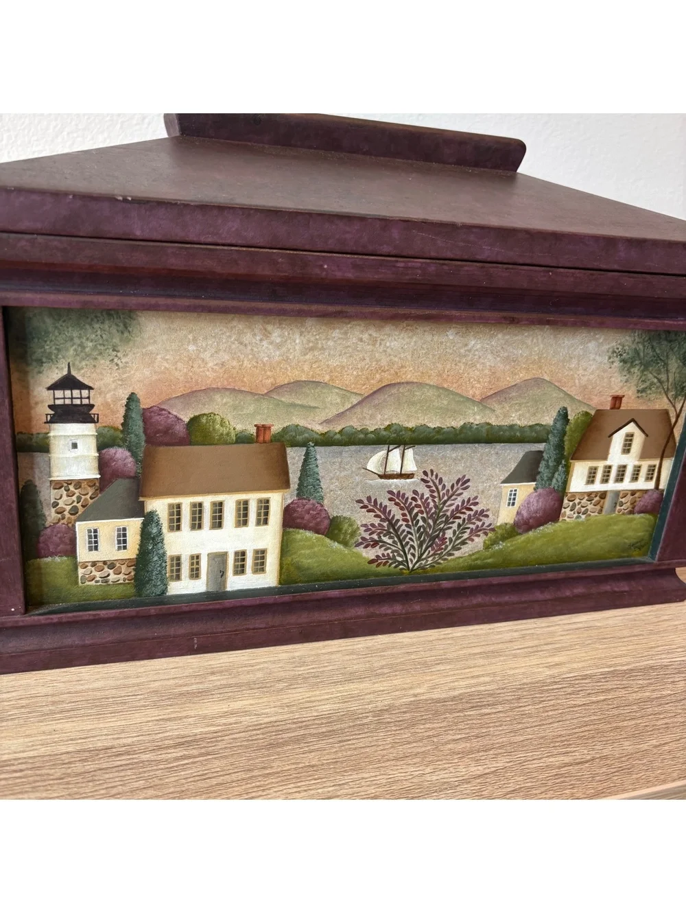 Keepsake Box Hand-Painted Coastal Lighthouse Wooden Folk Art Decor